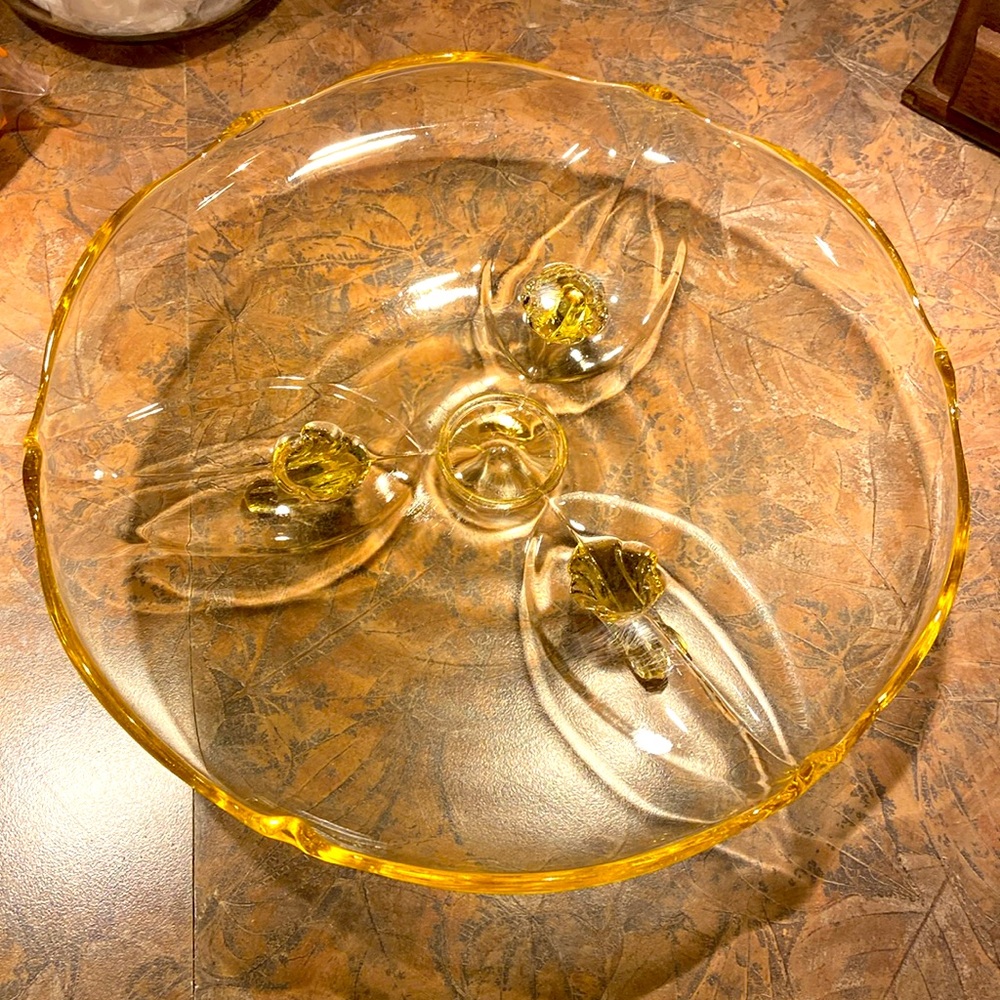10” Lancaster Depression Glass Yellow Topaz Tri Footed Serving Plate